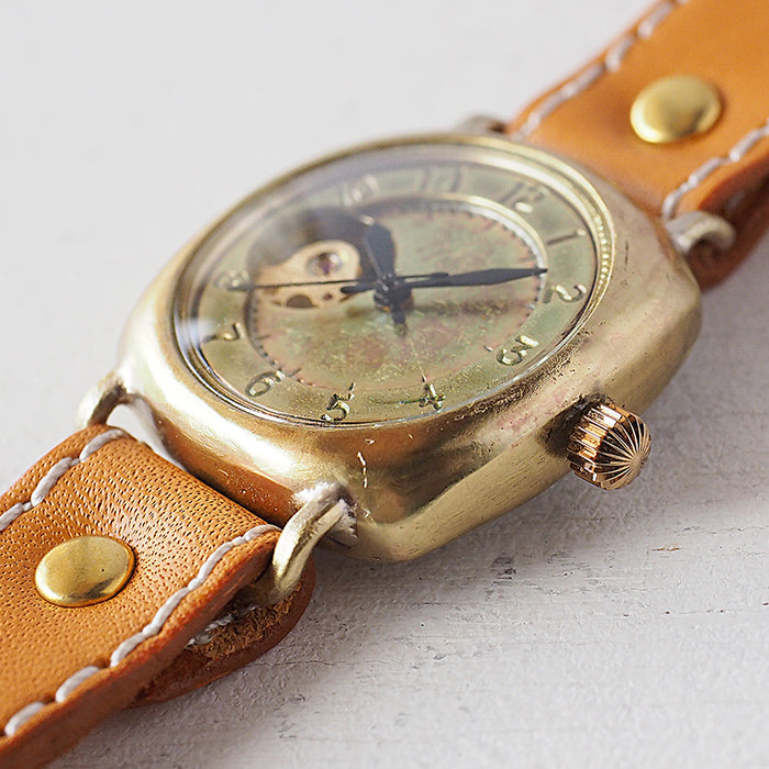 渡辺工房 手作り腕時計 オープンハート 手巻き式 真鍮クッションケース 34mm アラビア数字 ミシンステッチベルト [BHW143-MS]