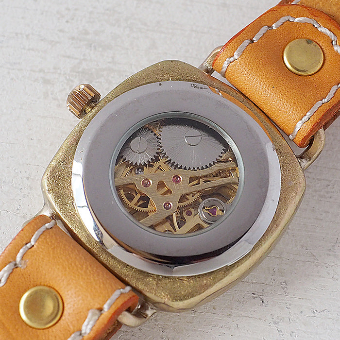 渡辺工房 手作り腕時計 オープンハート 手巻き式 真鍮クッションケース 34mm アラビア数字 ミシンステッチベルト [BHW143-MS]