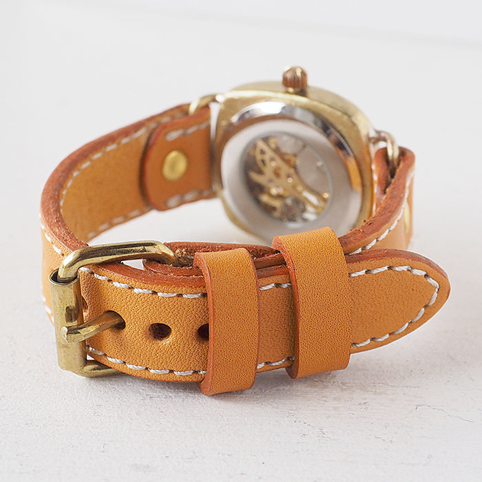 渡辺工房 手作り腕時計 オープンハート 手巻き式 真鍮クッションケース 34mm アラビア数字 ミシンステッチベルト [BHW143-MS]