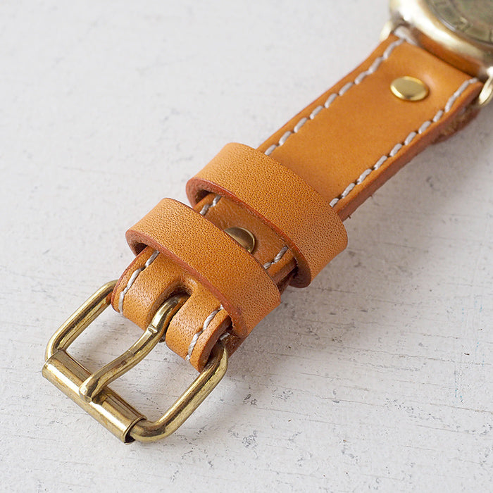 渡辺工房 手作り腕時計 オープンハート 手巻き式 真鍮クッションケース 34mm アラビア数字 ミシンステッチベルト [BHW143-MS]