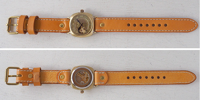 渡辺工房 手作り腕時計 オープンハート 手巻き式 真鍮クッションケース 34mm アラビア数字 ミシンステッチベルト [BHW143-MS]