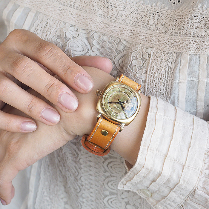 渡辺工房 手作り腕時計 オープンハート 手巻き式 真鍮クッションケース 34mm アラビア数字 ミシンステッチベルト [BHW143-MS]