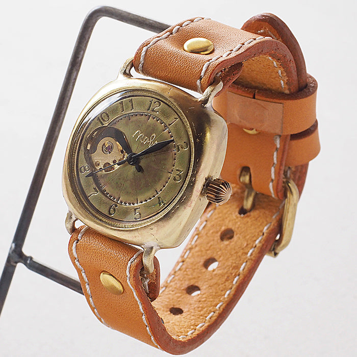 渡辺工房 手作り腕時計 オープンハート 手巻き式 真鍮クッションケース 34mm アラビア数字 ミシンステッチベルト [BHW143-MS]