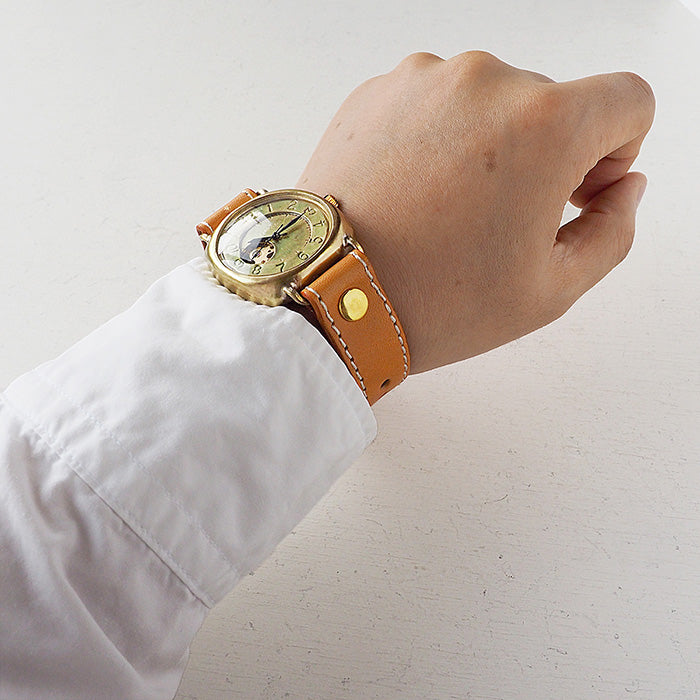 渡辺工房 手作り腕時計 オープンハート 手巻き式 真鍮クッションケース 38mm アラビア数字 ミシンステッチベルト [BHW144-MS]