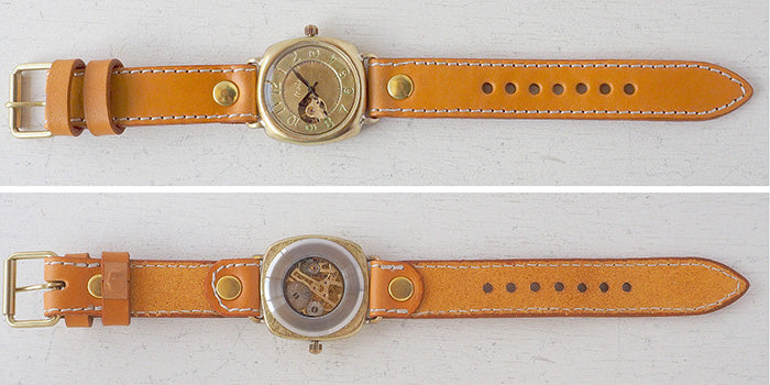 渡辺工房 手作り腕時計 オープンハート 手巻き式 真鍮クッションケース 38mm アラビア数字 ミシンステッチベルト [BHW144-MS]