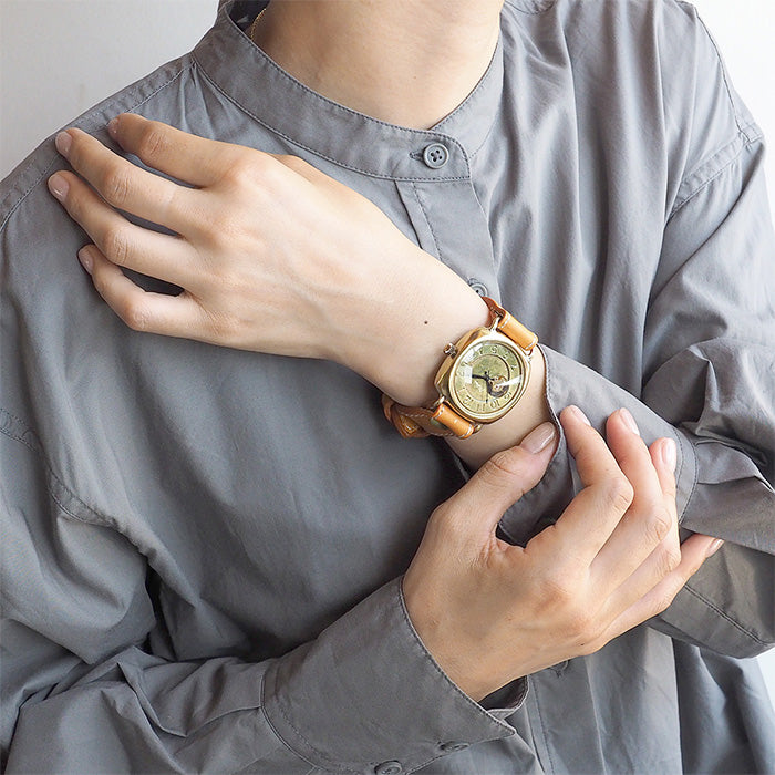 Watanabe Kobo Handmade Watch Open Heart Manual Winding Brass Cushion Case 38mm Arabic Numerals Sewing Machine Stitch Belt [BHW144-MS] 