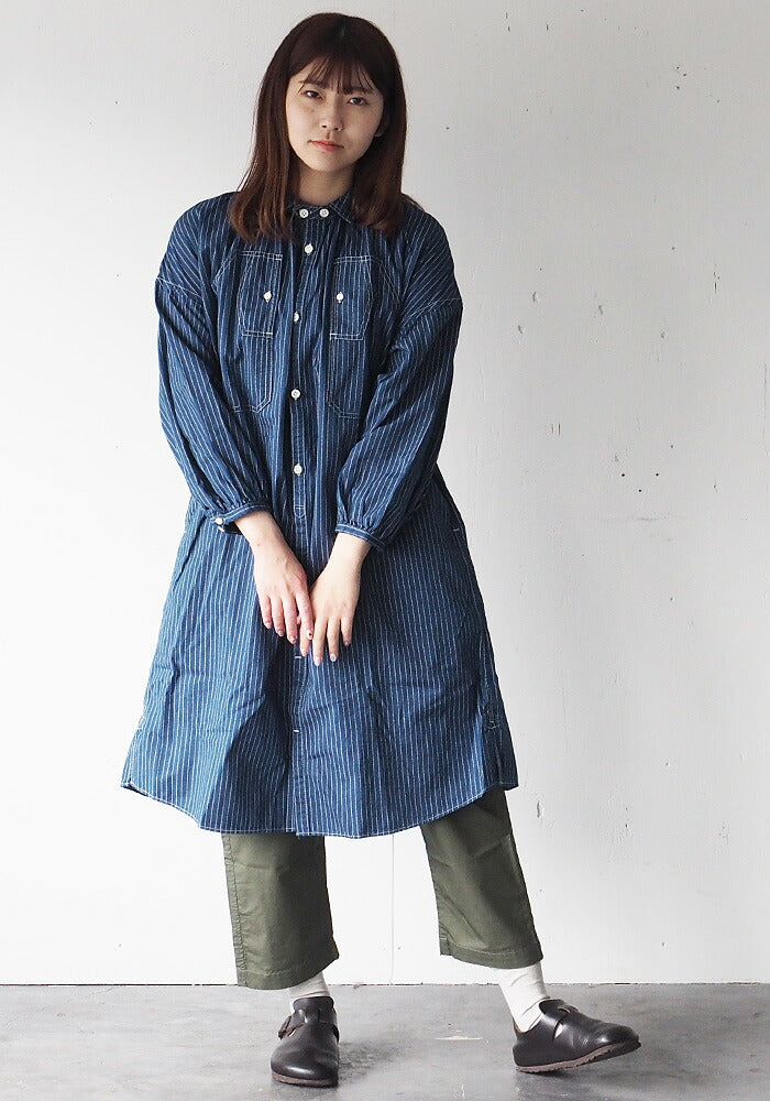 BLUE LOOM（ブルールーム） マキニョンワンピース インディゴウォバッシュ ストライプ 8分袖 レディース フリーサイズ [BL-MQOP-0112-WA]