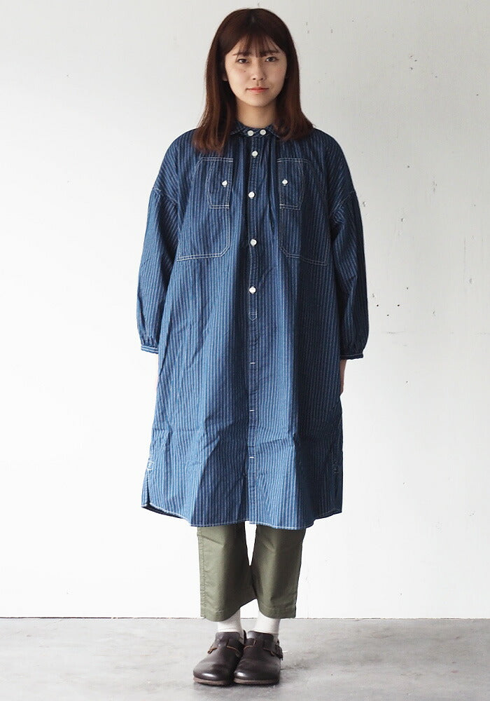 BLUE LOOM（ブルールーム） マキニョンワンピース インディゴウォバッシュ ストライプ 8分袖 レディース フリーサイズ [BL-MQOP-0112-WA]