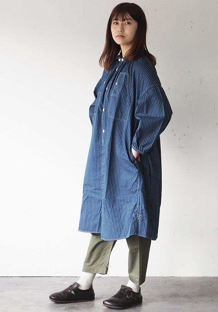 BLUE LOOM（ブルールーム） マキニョンワンピース インディゴウォバッシュ ストライプ 8分袖 レディース フリーサイズ [BL-MQOP-0112-WA]