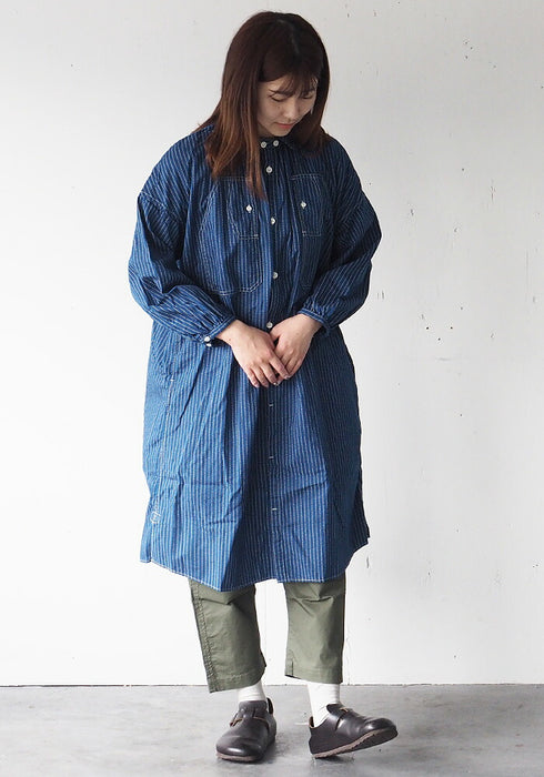 BLUE LOOM Makignon Dress Indigo Wabash Stripe Detachable Collar 8/4 Sleeve Ladies [BL-MQOP-3011-WA] 