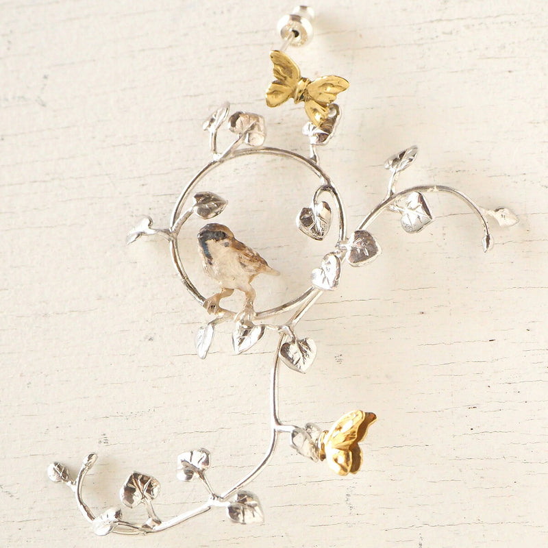 DECOvienya handmade accessories sparrow and vine earrings silver &amp; brass one ear [DE-136] 