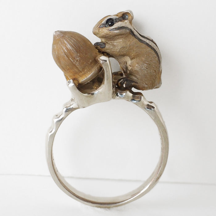 DECOvienya Handcrafted Accessories Chipmunk and Acorn Claw Ring Silver 925 Ladies [DE-159] 