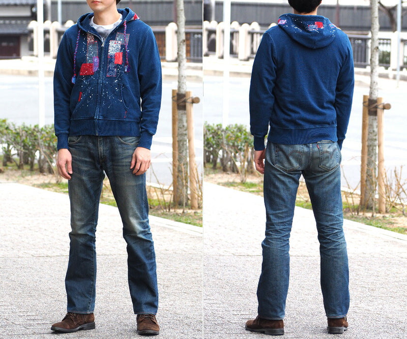 GEN SENCE Japanese Pattern Hand Painted &amp; Remade Zip Hoodie Long Sleeve "Jidai Festival" Indigo Men's [GS-PK-IND01] 