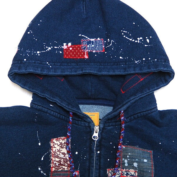 GEN SENCE Japanese Pattern Hand Painted &amp; Remade Zip Hoodie Long Sleeve "Jidai Festival" Indigo Men's [GS-PK-IND01] 