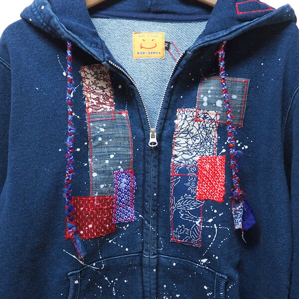 GEN SENCE Japanese Pattern Hand Painted &amp; Remade Zip Hoodie Long Sleeve "Jidai Festival" Indigo Men's [GS-PK-IND01] 
