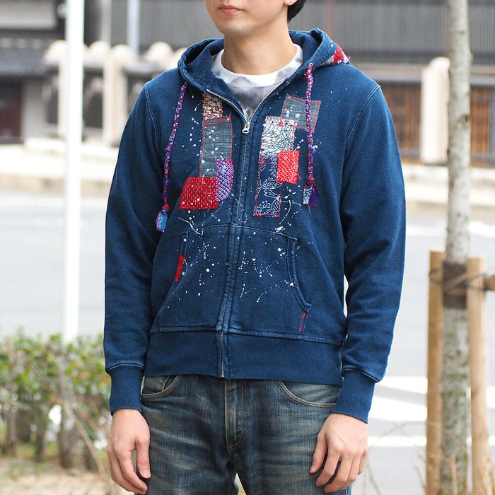 GEN SENCE 日本圖案手繪和重製拉鍊連帽衫長袖“Jidai Festival”靛藍男裝 [GS-PK-IND01] 