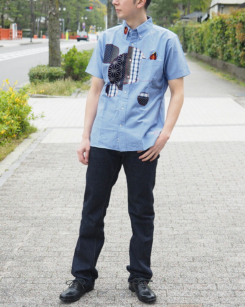 GEN SENCE Hand-painted Yuzen &amp; Remake "Round Circle Shirt" Button Down Shirt Short Sleeve Blue Men's [GS-SH-SS-01-BL] 