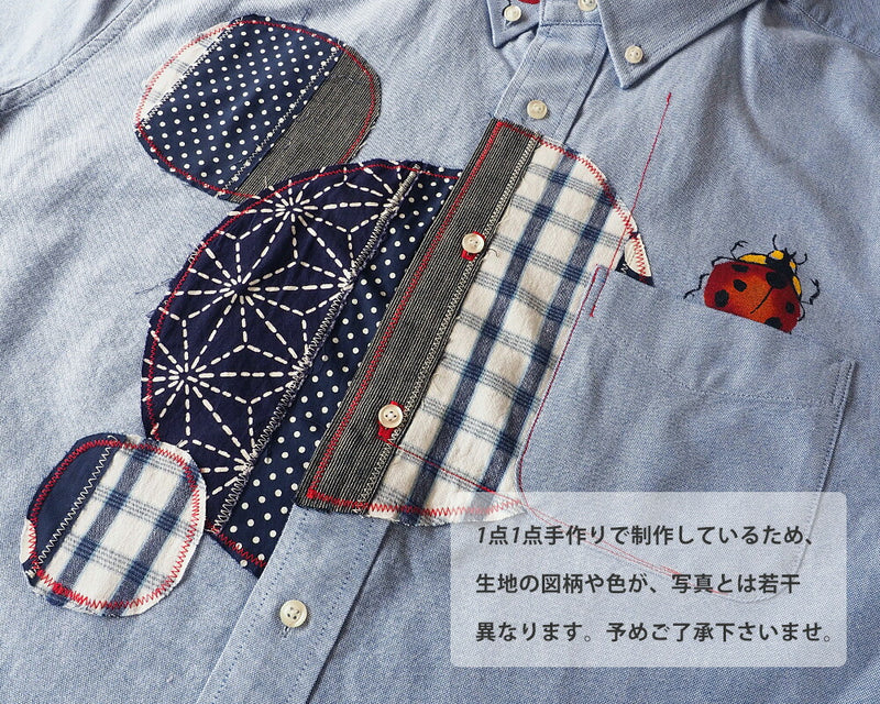 GEN SENCE Hand-painted Yuzen &amp; Remake "Round Circle Shirt" Button Down Shirt Short Sleeve Blue Men's [GS-SH-SS-01-BL] 