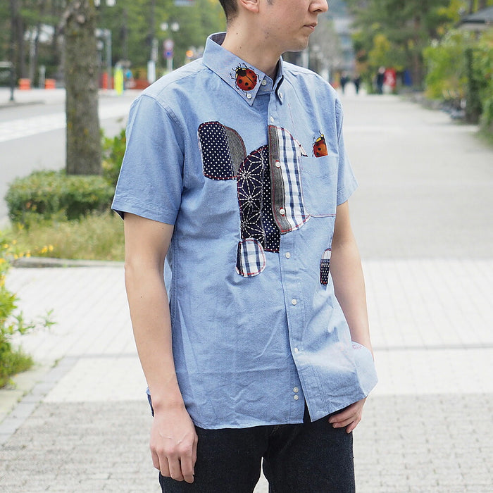 GEN SENCE Hand-painted Yuzen &amp; Remake "Round Circle Shirt" Button Down Shirt Short Sleeve Blue Men's [GS-SH-SS-01-BL] 