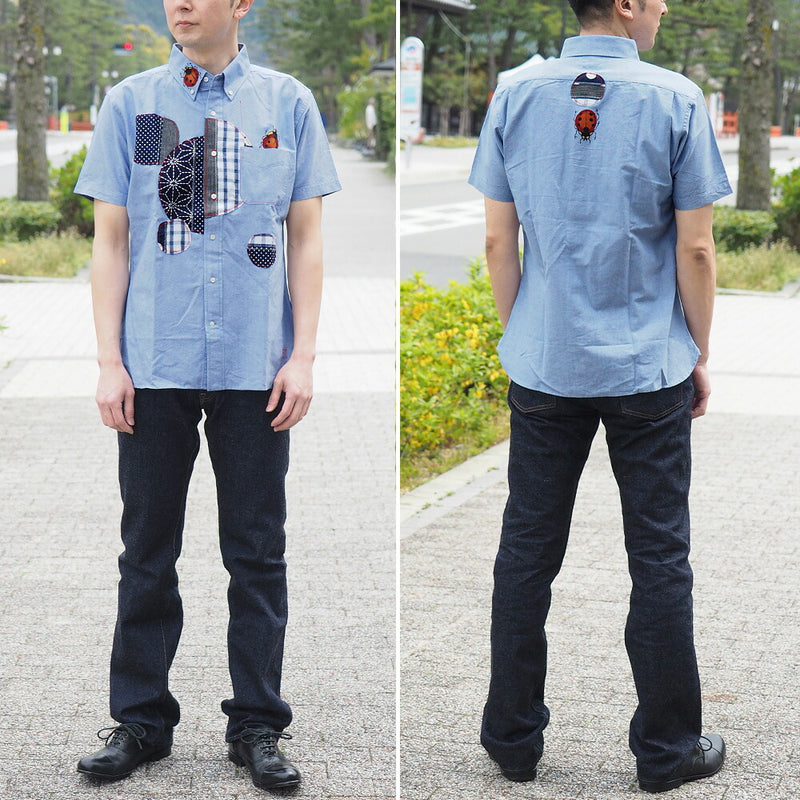 GEN SENCE Hand-painted Yuzen &amp; Remake "Round Circle Shirt" Button Down Shirt Short Sleeve Blue Men's [GS-SH-SS-01-BL] 