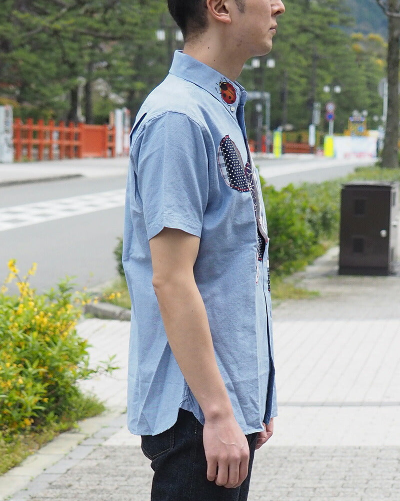 GEN SENCE Hand-painted Yuzen &amp; Remake "Round Circle Shirt" Button Down Shirt Short Sleeve Blue Men's [GS-SH-SS-01-BL] 