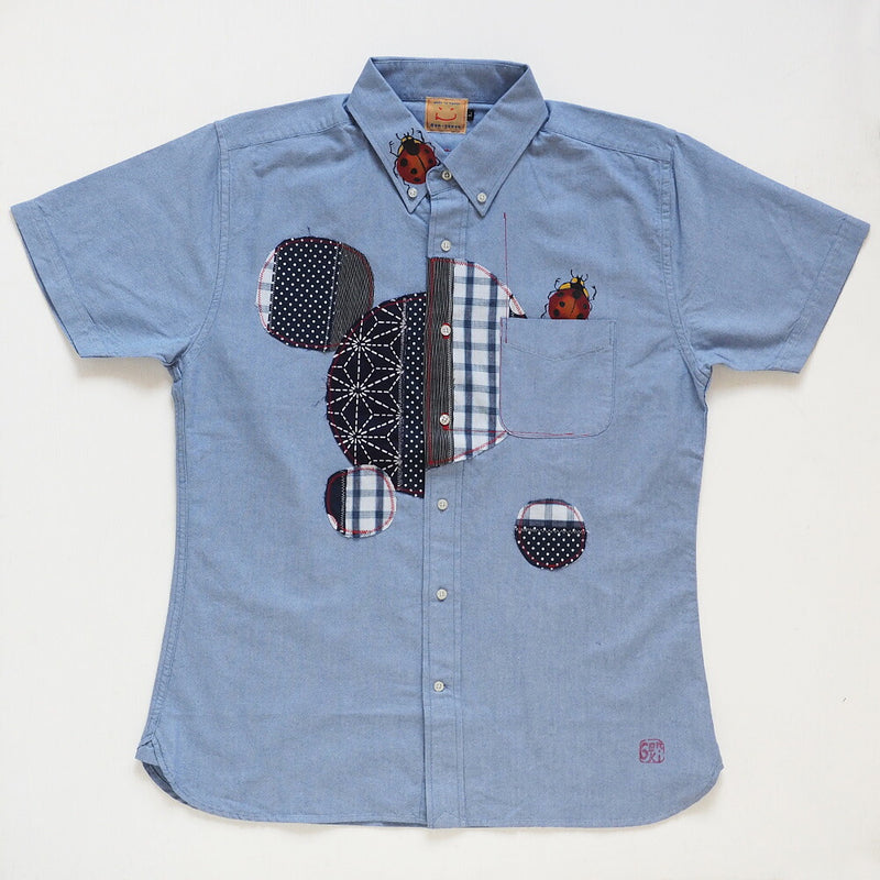 GEN SENCE Hand-painted Yuzen &amp; Remake "Round Circle Shirt" Button Down Shirt Short Sleeve Blue Men's [GS-SH-SS-01-BL] 