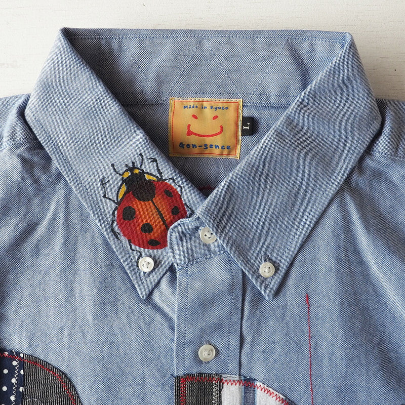 GEN SENCE Hand-painted Yuzen &amp; Remake "Round Circle Shirt" Button Down Shirt Short Sleeve Blue Men's [GS-SH-SS-01-BL] 