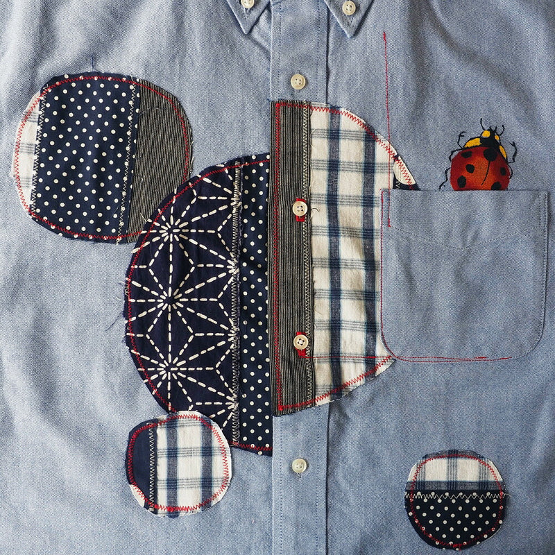 GEN SENCE Hand-painted Yuzen &amp; Remake "Round Circle Shirt" Button Down Shirt Short Sleeve Blue Men's [GS-SH-SS-01-BL] 