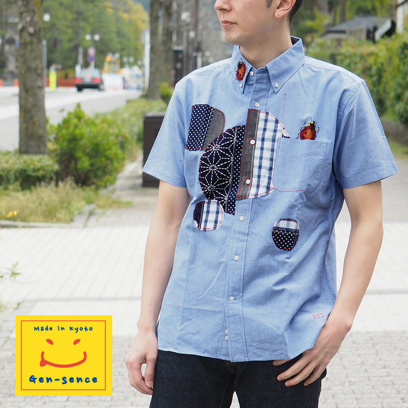 GEN SENCE Hand-painted Yuzen &amp; Remake "Round Circle Shirt" Button Down Shirt Short Sleeve Blue Men's [GS-SH-SS-01-BL] 