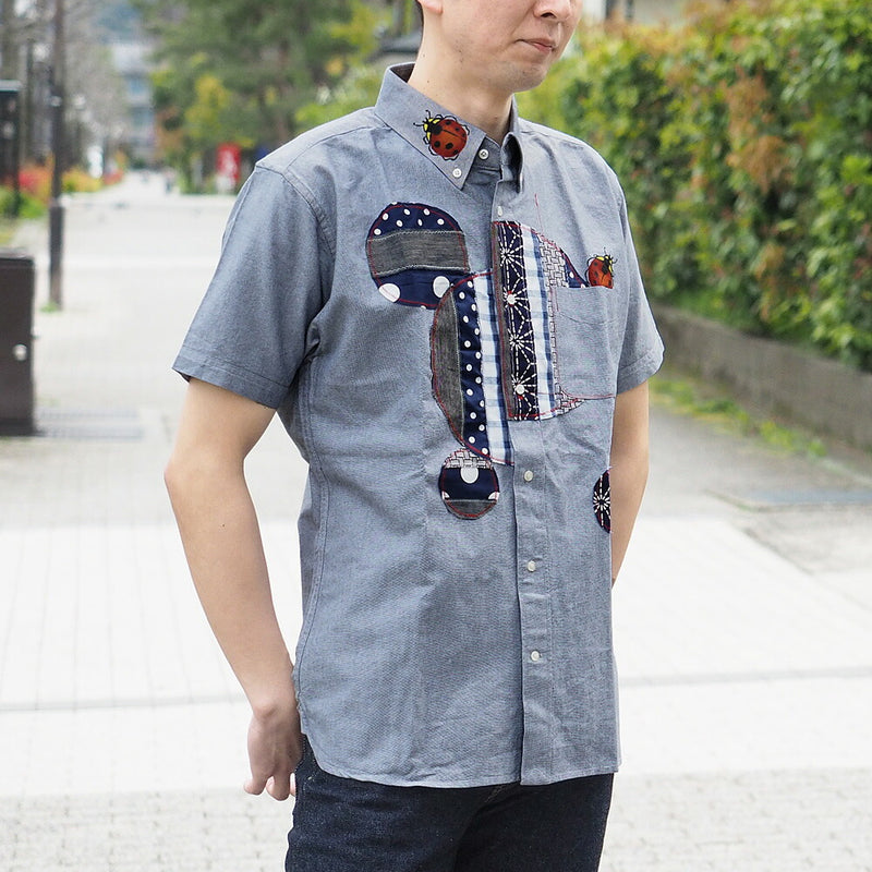 GEN SENCE Hand-painted Yuzen &amp; Remake "Round Circle Shirt" Button Down Shirt Short Sleeve Gray Men's [GS-SH-SS-01-GR] 