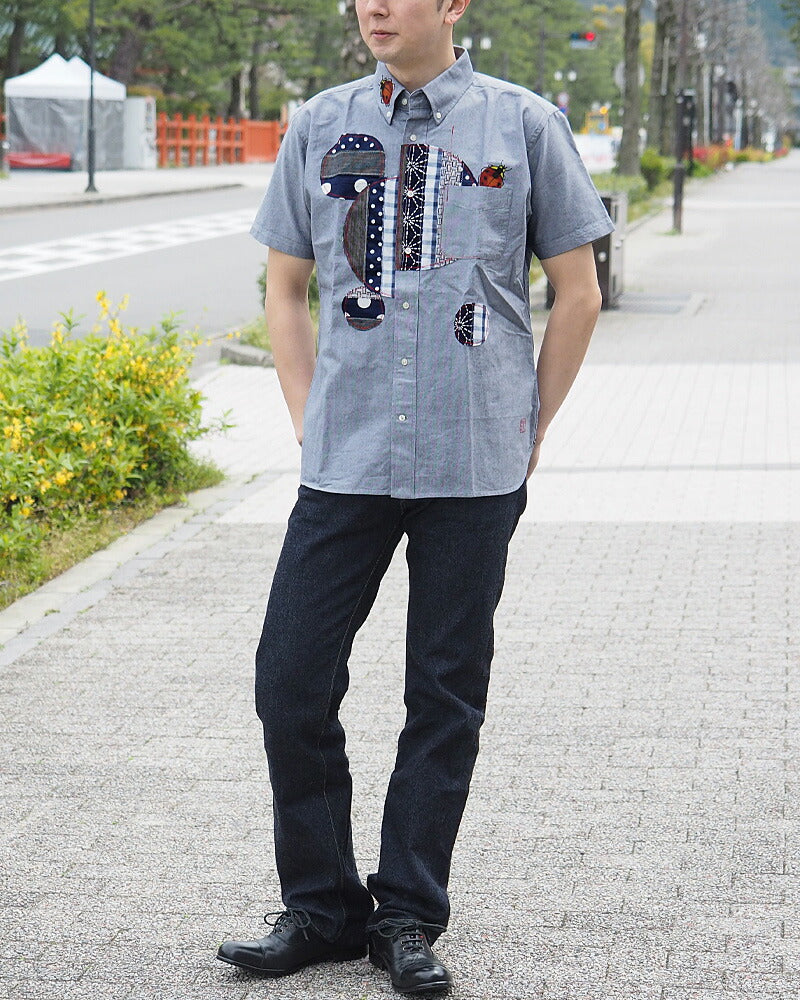 GEN SENCE Hand-painted Yuzen &amp; Remake "Round Circle Shirt" Button Down Shirt Short Sleeve Gray Men's [GS-SH-SS-01-GR] 