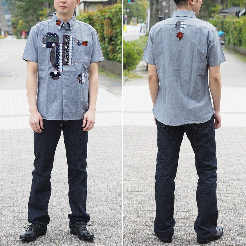 GEN SENCE Hand-painted Yuzen &amp; Remake "Round Circle Shirt" Button Down Shirt Short Sleeve Gray Men's [GS-SH-SS-01-GR] 