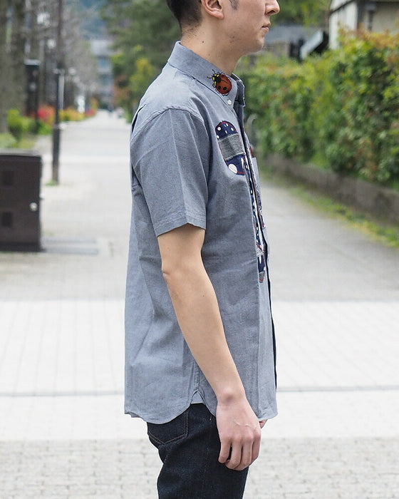 GEN SENCE Hand-painted Yuzen &amp; Remake "Round Circle Shirt" Button Down Shirt Short Sleeve Gray Men's [GS-SH-SS-01-GR] 