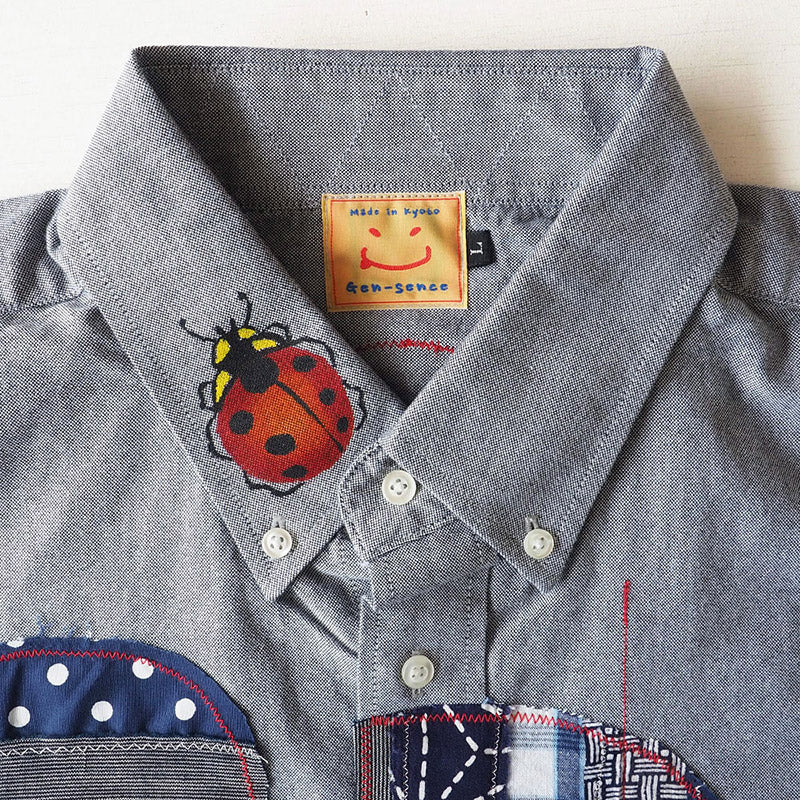 GEN SENCE Hand-painted Yuzen &amp; Remake "Round Circle Shirt" Button Down Shirt Short Sleeve Gray Men's [GS-SH-SS-01-GR] 