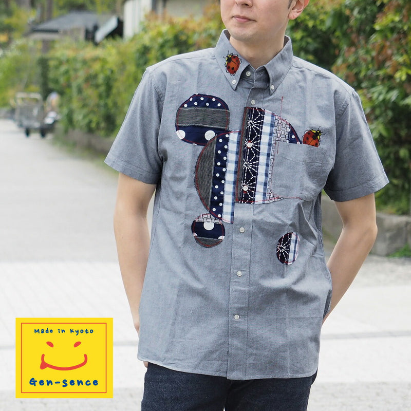 GEN SENCE Hand-painted Yuzen &amp; Remake "Round Circle Shirt" Button Down Shirt Short Sleeve Gray Men's [GS-SH-SS-01-GR] 