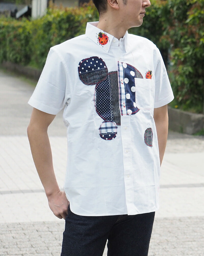 GEN SENCE Hand-painted Yuzen &amp; Remake "Round Circle Shirt" Button Down Shirt Short Sleeve White Men's [GS-SH-SS-01-WH] 