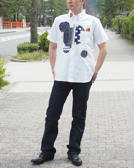 GEN SENCE Hand-painted Yuzen &amp; Remake "Round Circle Shirt" Button Down Shirt Short Sleeve White Men's [GS-SH-SS-01-WH] 