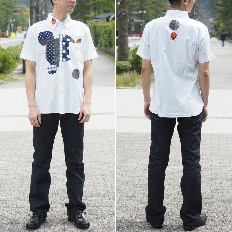 GEN SENCE Hand-painted Yuzen &amp; Remake "Round Circle Shirt" Button Down Shirt Short Sleeve White Men's [GS-SH-SS-01-WH] 