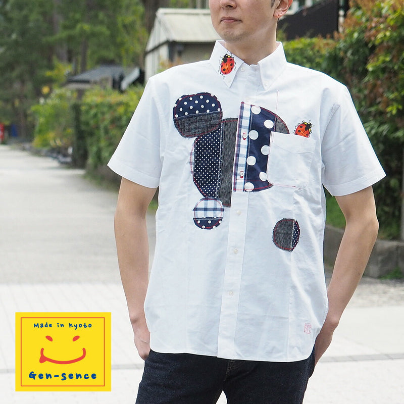 GEN SENCE Hand-painted Yuzen &amp; Remake "Round Circle Shirt" Button Down Shirt Short Sleeve White Men's [GS-SH-SS-01-WH] 