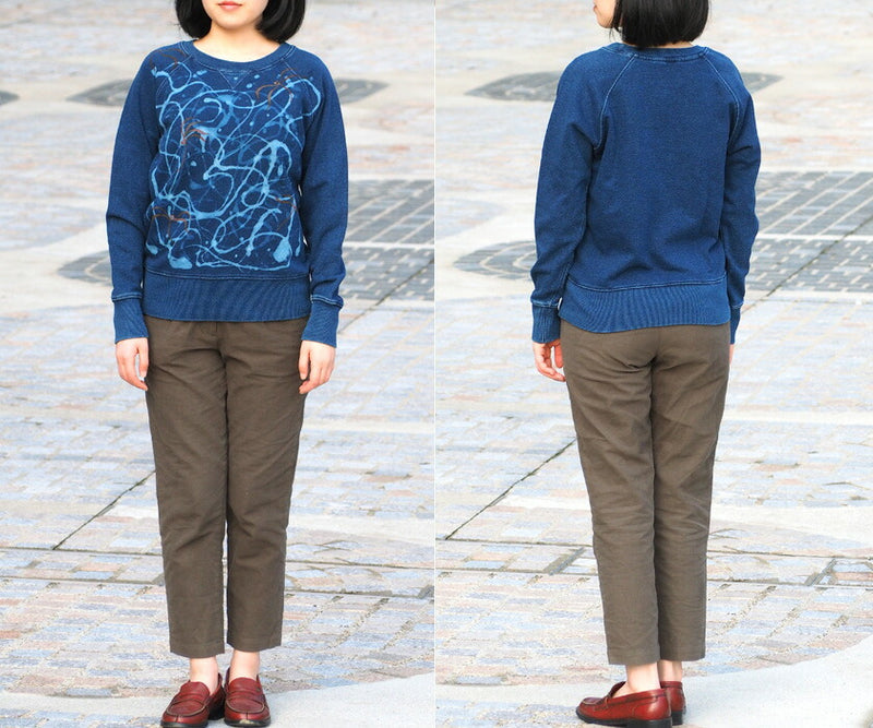 GEN SENCE Japanese Pattern Hand Painted &amp; Remake Sweatshirt Long Sleeve "Dancing Dragonfly" Indigo Men's [GS-TR-IND01] 