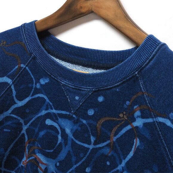 GEN SENCE Japanese Pattern Hand Painted &amp; Remake Sweatshirt Long Sleeve "Dancing Dragonfly" Indigo Men's [GS-TR-IND01] 