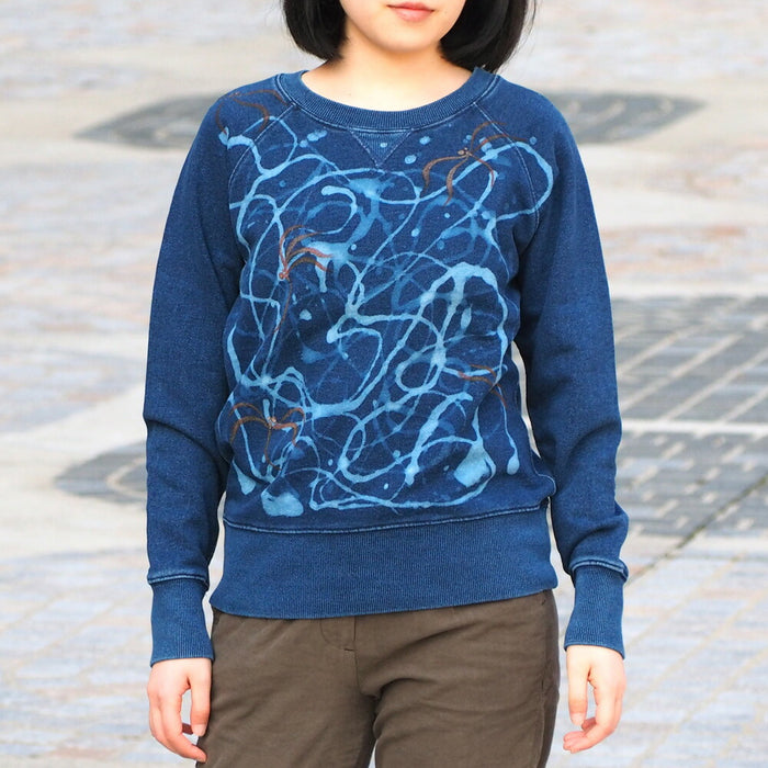 GEN SENCE Japanese Pattern Hand Painted &amp; Remake Sweatshirt Long Sleeve "Dancing Dragonfly" Indigo Men's [GS-TR-IND01] 