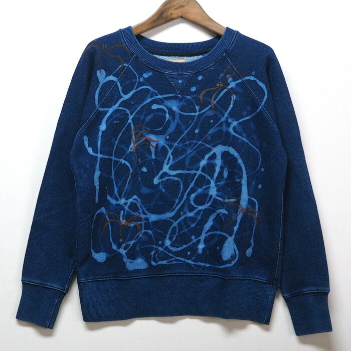 GEN SENCE Japanese Pattern Hand Painted &amp; Remake Sweatshirt Long Sleeve "Dancing Dragonfly" Indigo Men's [GS-TR-IND01] 