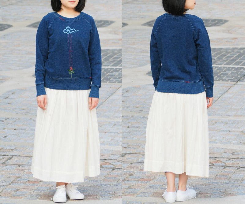 GEN SENCE Japanese Pattern Hand Painted &amp; Remake Sweatshirt Long Sleeve "Megumi no Mizu" Indigo Remake Men's [GS-TR-IND02] 