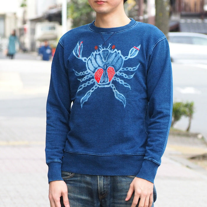 GEN SENCE Japanese Pattern Hand Painted &amp; Remake Sweatshirt Long Sleeve "Demon Crab" Indigo Men's [GS-TR-IND03] 