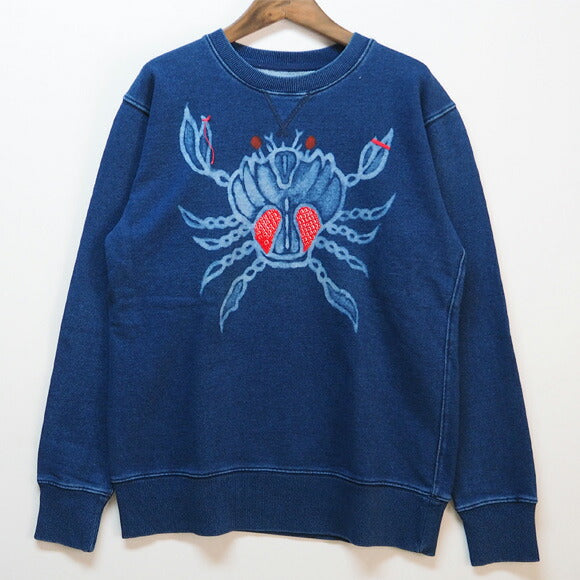 GEN SENCE 日本圖案手繪和翻拍運動衫長袖“惡魔蟹”靛藍男裝 [GS-TR-IND03] 