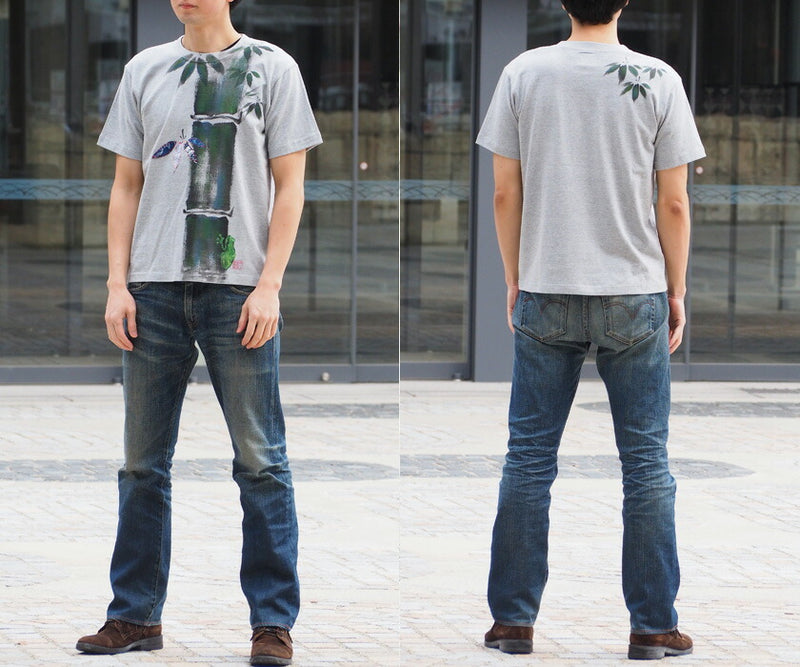 GEN SENCE Japanese pattern hand-painted &amp; remade short-sleeved T-shirt "Sagano moso bamboo" Frog Heather Gray Men's Women's [GS-TS-SS01] 