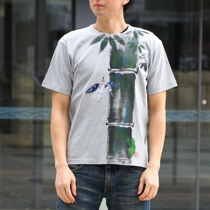 GEN SENCE Japanese pattern hand-painted &amp; remade short-sleeved T-shirt "Sagano moso bamboo" Frog Heather Gray Men's Women's [GS-TS-SS01] 