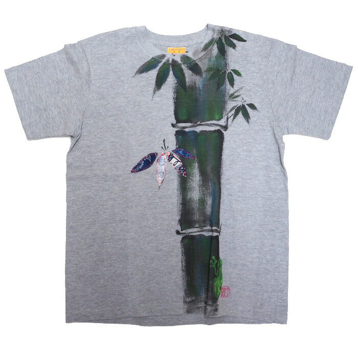 GEN SENCE Japanese pattern hand-painted &amp; remade short-sleeved T-shirt "Sagano moso bamboo" Frog Heather Gray Men's Women's [GS-TS-SS01] 