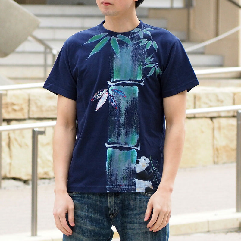 GEN SENCE Japanese pattern hand-painted &amp; remade short-sleeved T-shirt "Sagano moso bamboo" Panda navy blue men's and women's [GS-TS-SS02] 
